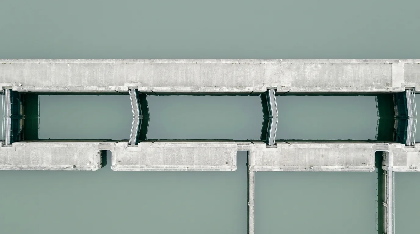 Aerial view of three canal lock chambers at stepped water levels