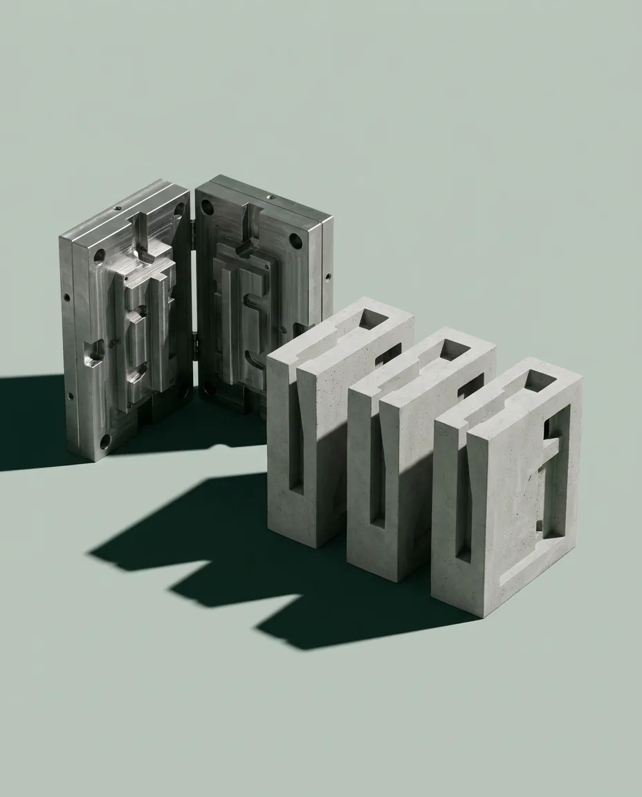 A steel casting mold beside three identical concrete casts