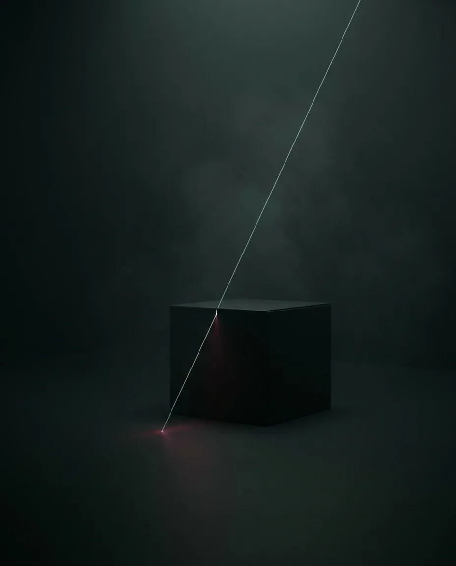 A sealed box in a dark room with a single thin beam of light escaping