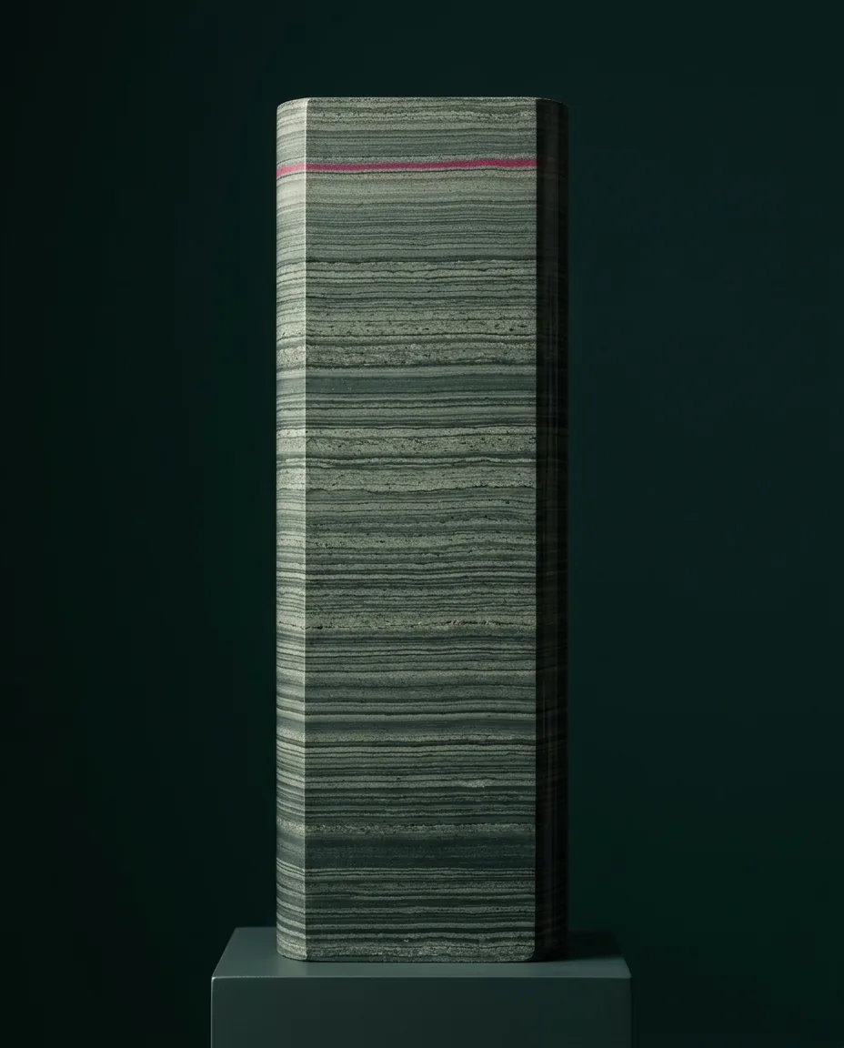 A polished geological core sample showing many thin layers