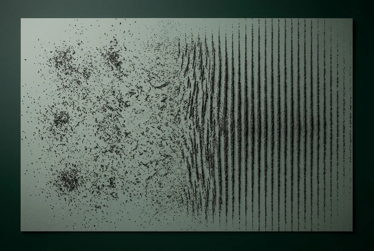 Iron filings scattered on the left and aligned into clean field lines on the right