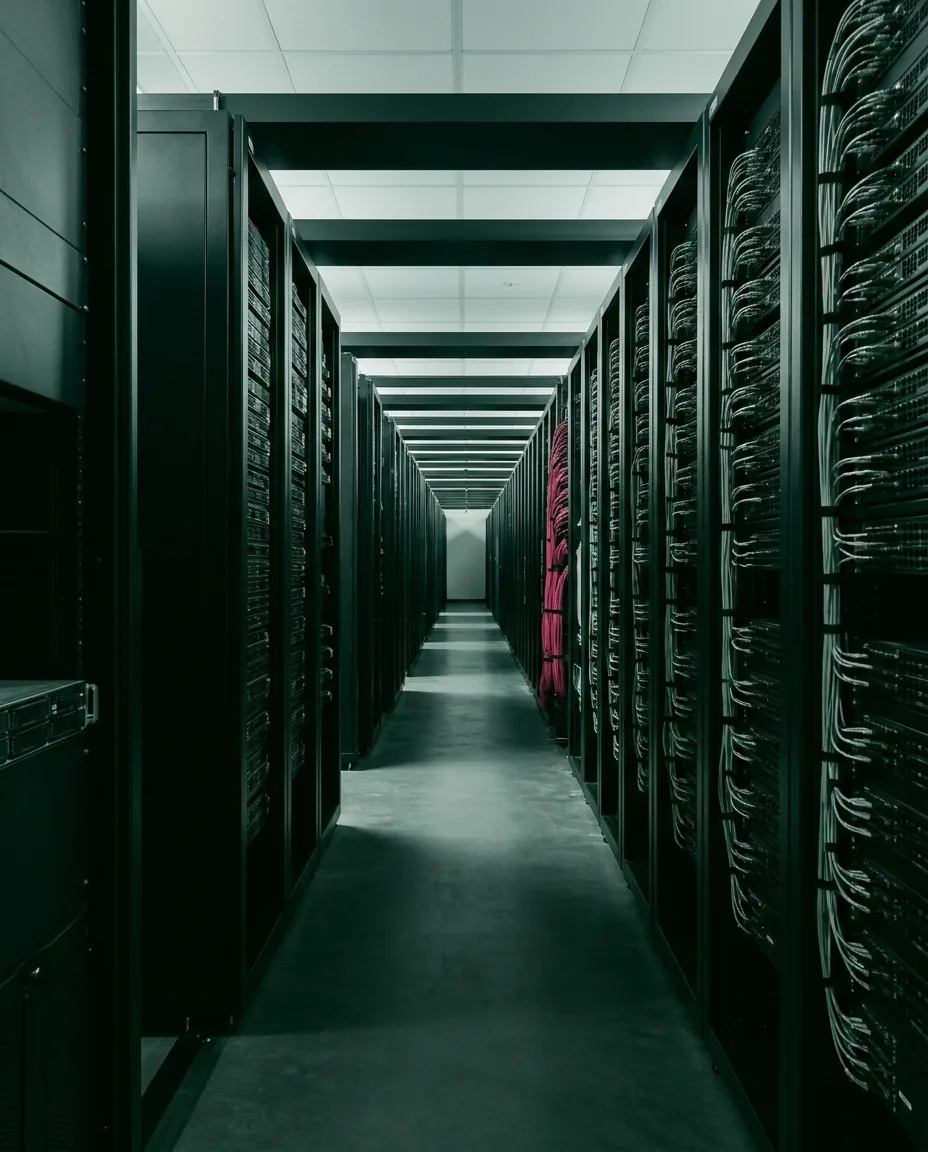 A long data-center aisle of server racks with fiber cables in perfectly ordered vertical runs